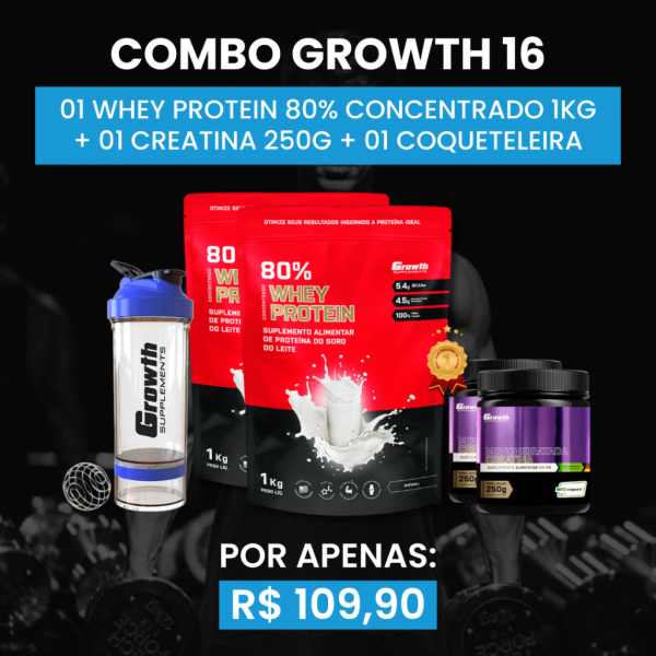 [COMBO 16] 02 WHEY PROTEIN 80% CONCENTRADO 1KG + 02 CREATINA MONOHIDRATADA 250G + 01 COQUETELEIRA