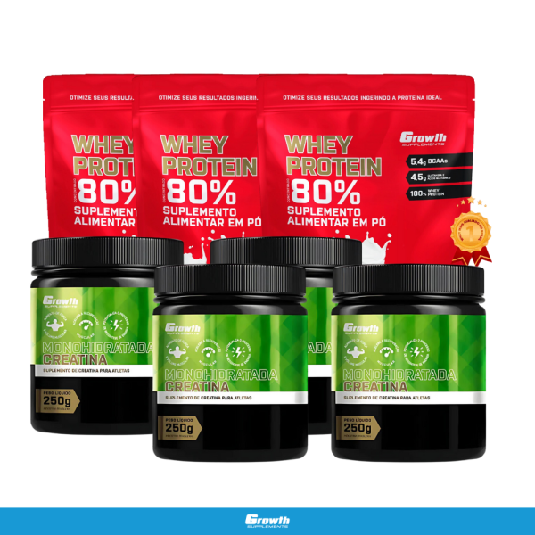 4 CREATINA MONOHIDRATADA 250G +  3 WHEY PROTEIN CONCENTRADO (1KG) – GROWTH SUPPLEMENTS